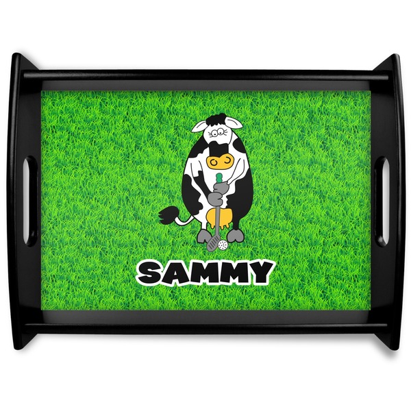 Custom Cow Golfer Black Wooden Tray - Large (Personalized)