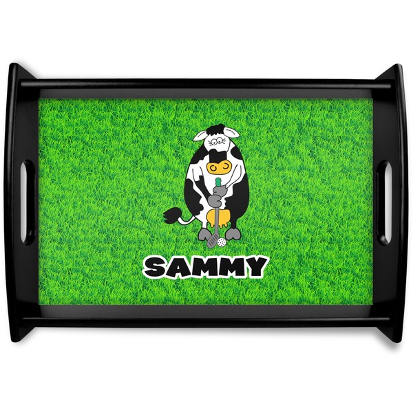 Custom Cow Golfer Black Wooden Tray - Small (Personalized)