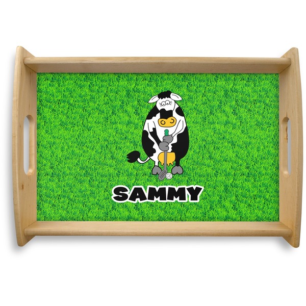 Custom Cow Golfer Natural Wooden Tray - Small (Personalized)