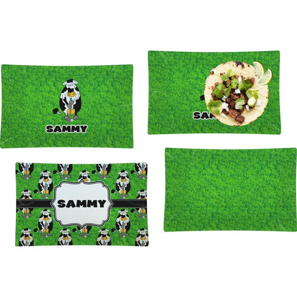 Custom Cow Golfer Set of 4 Glass Rectangular Lunch / Dinner Plate w/ Name or Text