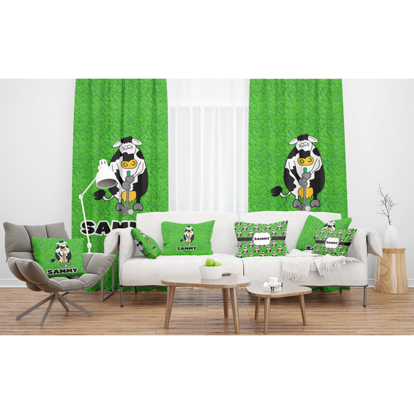 Cow Golfer Sheer and Custom Curtains in Room with Matching Pillows