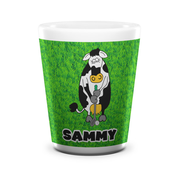 Custom Cow Golfer Ceramic Shot Glass - 1.5 oz - White - Set of 4 (Personalized)