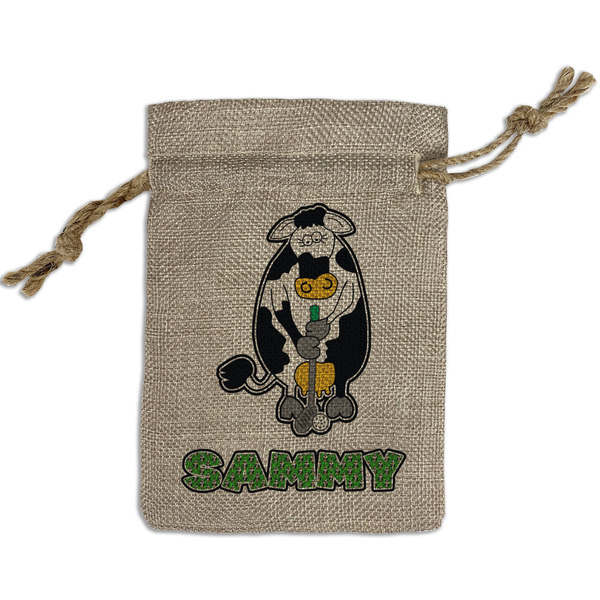 Custom Cow Golfer Small Burlap Gift Bag - Front (Personalized)