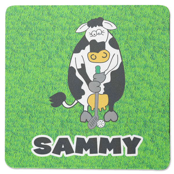 Custom Cow Golfer Square Rubber Backed Coaster (Personalized)