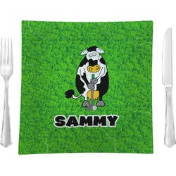 Cow Golfer 9.5" Glass Square Lunch / Dinner Plate- Single or Set of 4 (Personalized)