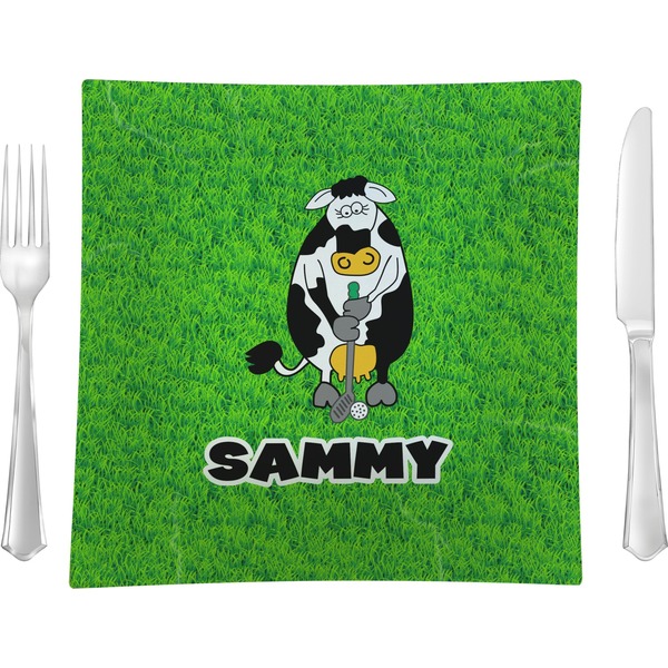 Custom Cow Golfer 9.5" Glass Square Lunch / Dinner Plate- Single or Set of 4 (Personalized)