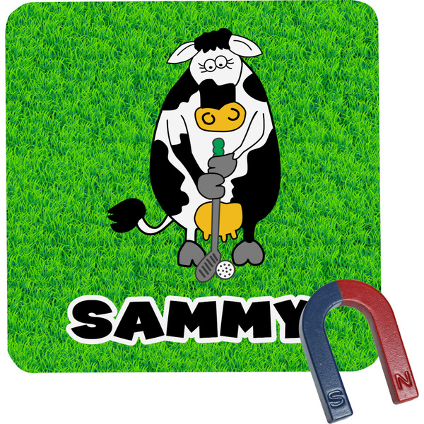 Custom Cow Golfer Square Fridge Magnet (Personalized)