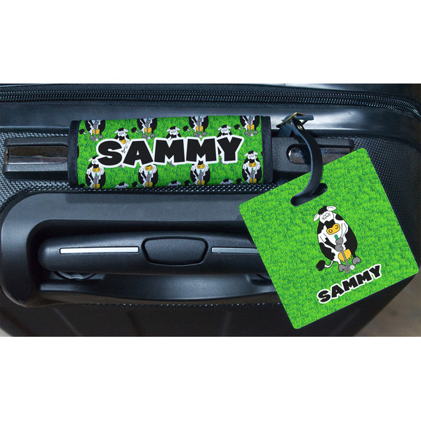 Cow Golfer Square Luggage Tag & Handle Wrap - In Context