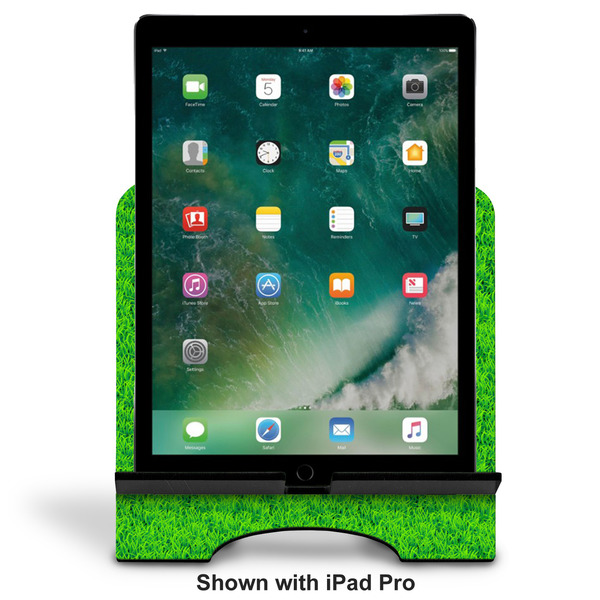Cow Golfer Stylized Tablet Stand - Front with ipad