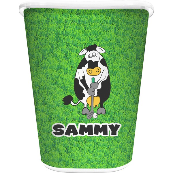 Custom Cow Golfer Waste Basket - Double Sided (White) (Personalized)