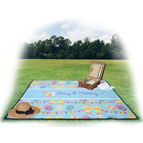 Happy Easter Picnic Blanket - with Basket Hat and Book - in Use