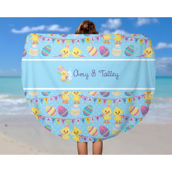Happy Easter Round Beach Towel - In Use