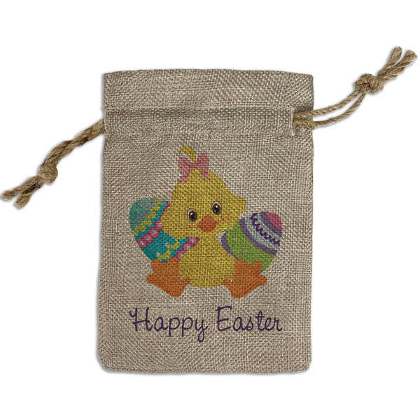 Custom Happy Easter Small Burlap Gift Bag - Front (Personalized)