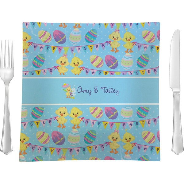 Custom Happy Easter 9.5" Glass Square Lunch / Dinner Plate- Single or Set of 4 (Personalized)