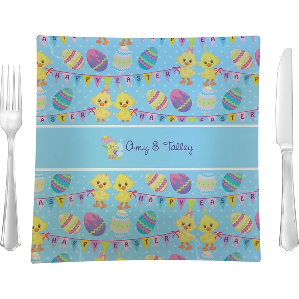 Custom Happy Easter 9.5" Glass Square Lunch / Dinner Plate- Single or Set of 4 (Personalized)