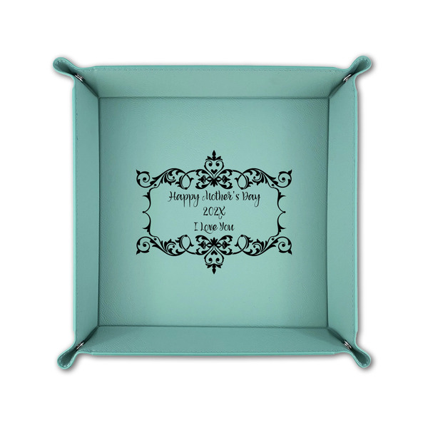Mother's Day 6" x 6" Teal Leatherette Snap Up Tray - FOLDED UP