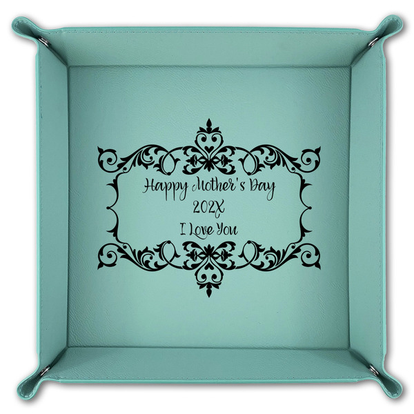 Mother's Day 9" x 9" Teal Leatherette Snap Up Tray - FOLDED
