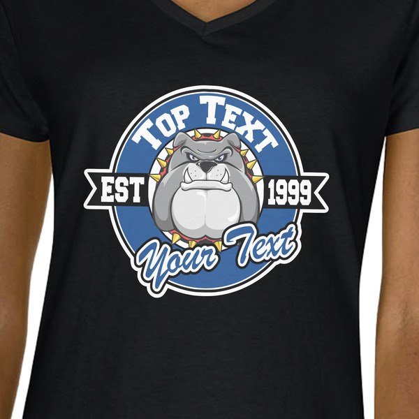 School Mascot Black V-Neck T-Shirt on Model - CloseUp