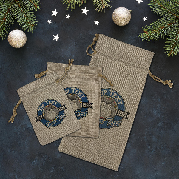 School Mascot Burlap Gift Bags - LIFESTYLE (Flat lay)