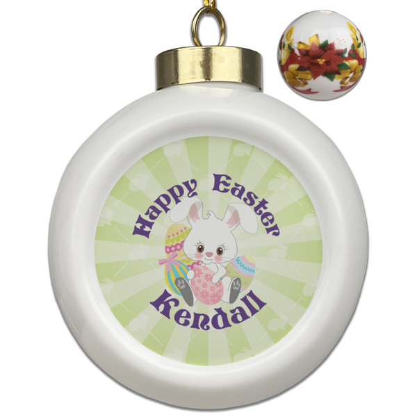 Custom Easter Bunny Ceramic Ball Ornaments - Poinsettia Garland (Personalized)