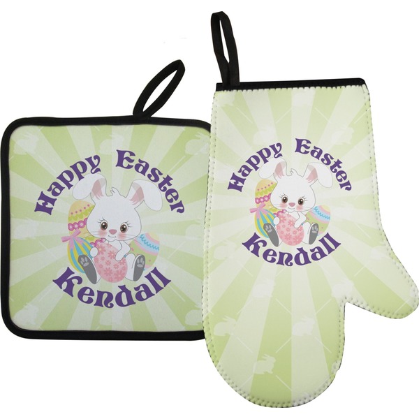 Custom Easter Bunny Oven Mitt & Pot Holder Set w/ Name or Text