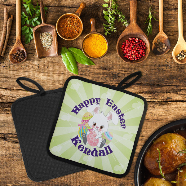 Easter Bunny Neoprene Pot Holder - Set of 2  LIFESTYLE (Flatlay)