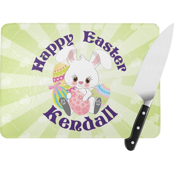 Custom Easter Bunny Rectangular Glass Cutting Board - Large - 15.25"x11.25" w/ Name or Text