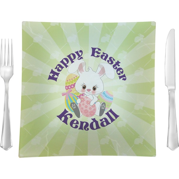 Custom Easter Bunny Glass Square Lunch / Dinner Plate 9.5" (Personalized)