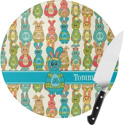 Fun Easter Bunnies Round Glass Cutting Board - Small (Personalized)