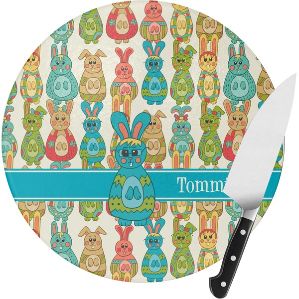 Custom Fun Easter Bunnies Round Glass Cutting Board - Small (Personalized)