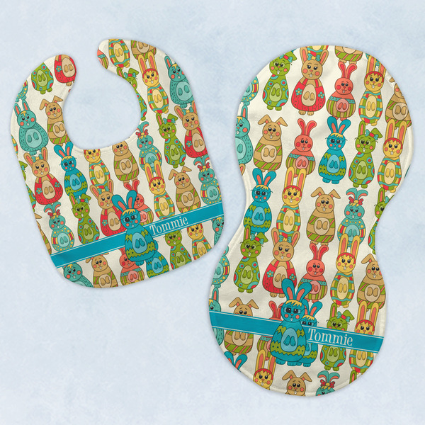 Custom Fun Easter Bunnies Baby Bib & Burp Set w/ Name or Text