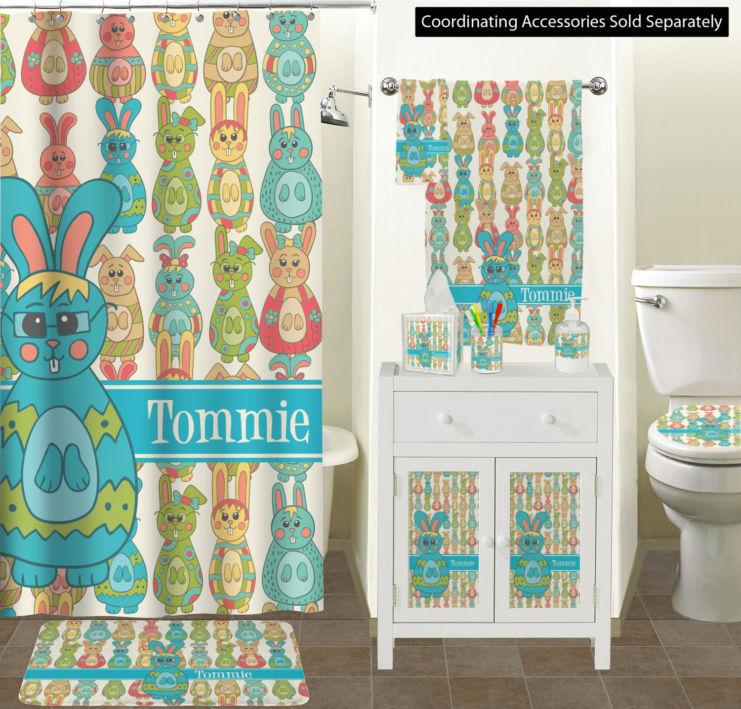 Fun Easter Bunnies Ceramic Bathroom Accessories Set (Personalized