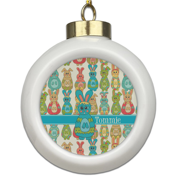 Custom Fun Easter Bunnies Ceramic Ball Ornament (Personalized)