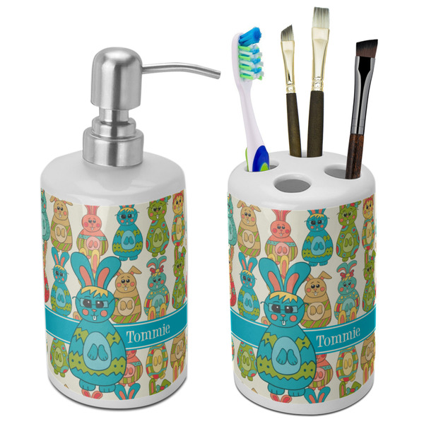 Custom Fun Easter Bunnies Ceramic Bathroom Accessories Set (Personalized)
