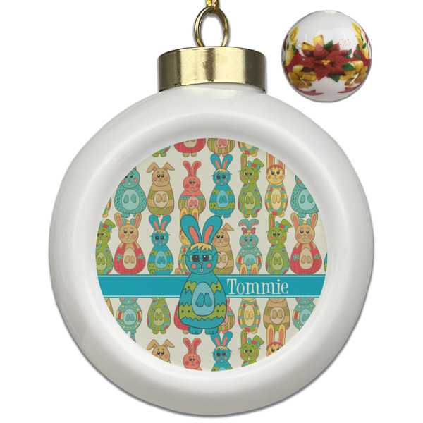 Custom Fun Easter Bunnies Ceramic Ball Ornaments - Poinsettia Garland (Personalized)