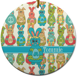 Fun Easter Bunnies Round Ceramic Ornament w/ Name or Text