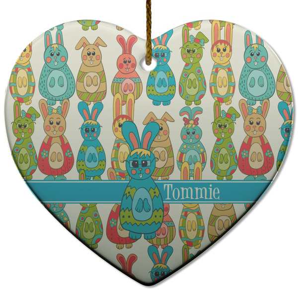 Custom Fun Easter Bunnies Heart Ceramic Ornament w/ Name or Text