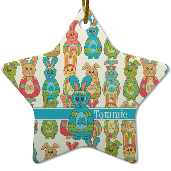 Custom Fun Easter Bunnies Star Ceramic Ornament w/ Name or Text