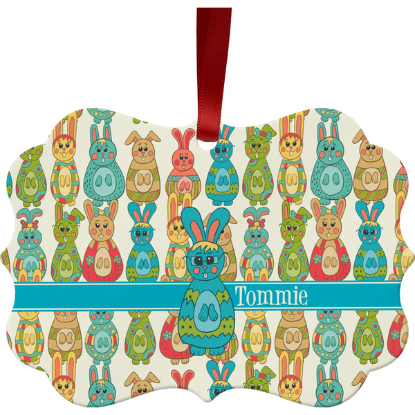 Custom Fun Easter Bunnies Metal Frame Ornament - Double Sided w/ Name or Text
