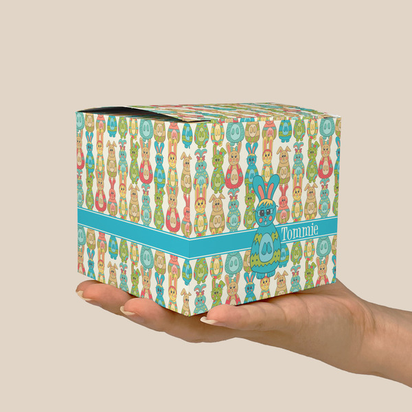 Fun Easter Bunnies Cube Favor Gift Box - On Hand - Scale View