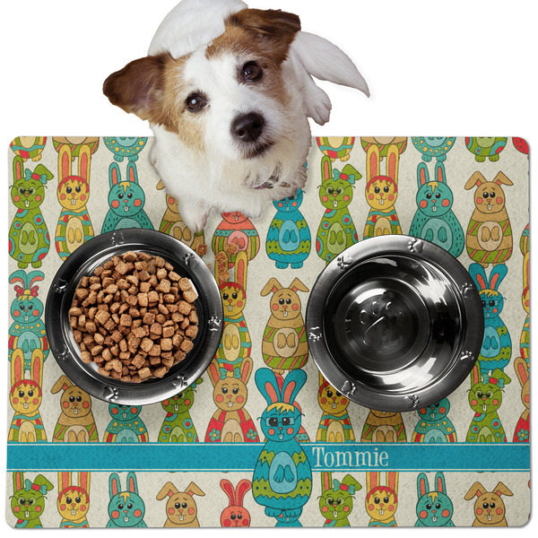 Custom Fun Easter Bunnies Dog Food Mat - Medium w/ Name or Text