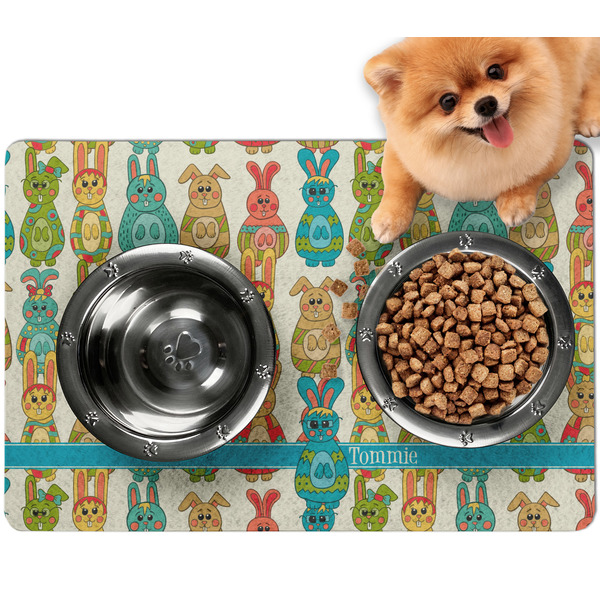 Custom Fun Easter Bunnies Dog Food Mat - Small w/ Name or Text