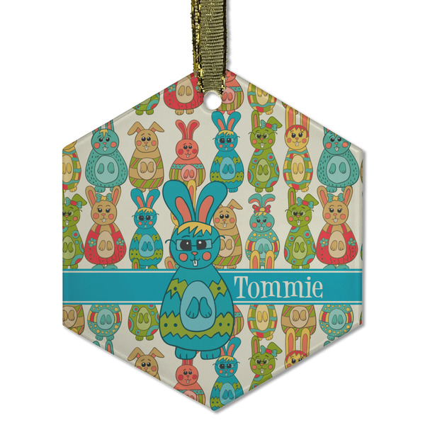 Custom Fun Easter Bunnies Flat Glass Ornament - Hexagon w/ Name or Text
