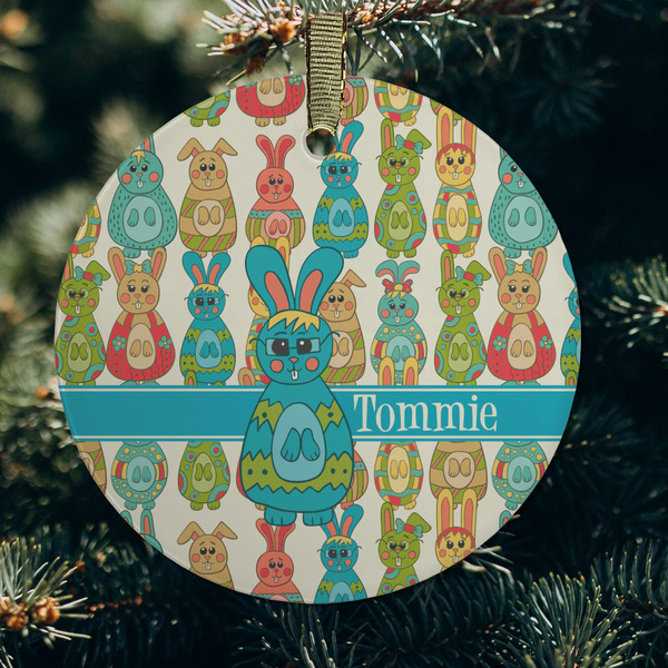 Fun Easter Bunnies Frosted Glass Ornament - Round (Lifestyle)