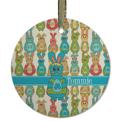 Fun Easter Bunnies Flat Glass Ornament - Round w/ Name or Text