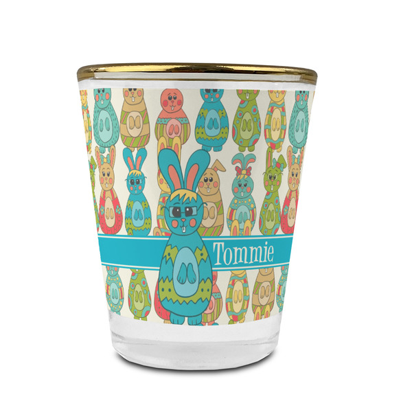 Fun Easter Bunnies Glass Shot Glass - With gold rim - FRONT