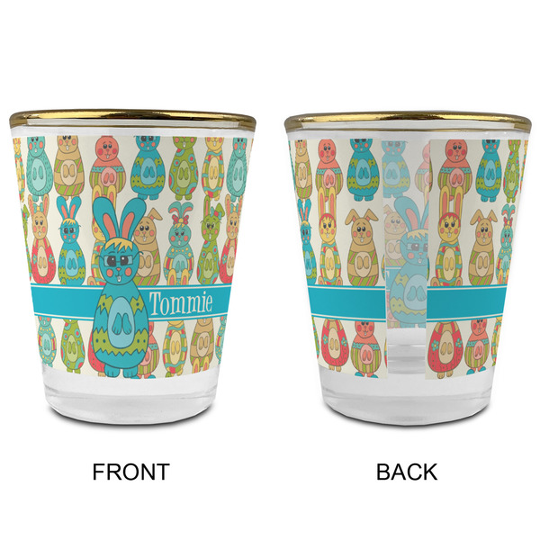 Fun Easter Bunnies Glass Shot Glass - with gold rim - APPROVAL