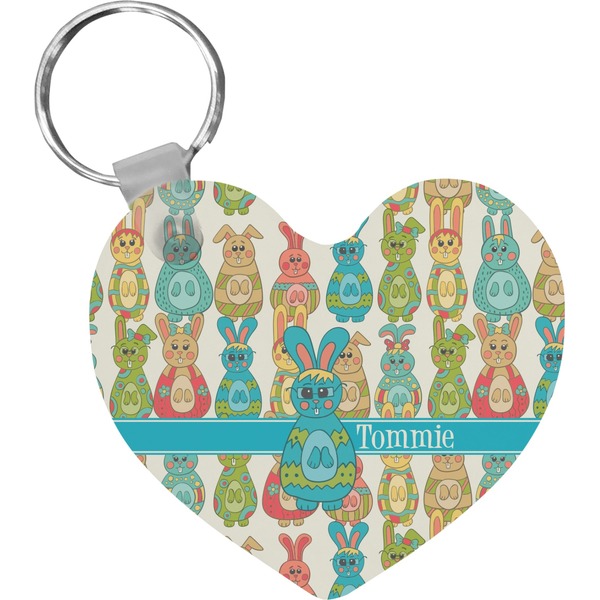 Custom Fun Easter Bunnies Heart Plastic Keychain w/ Name or Text