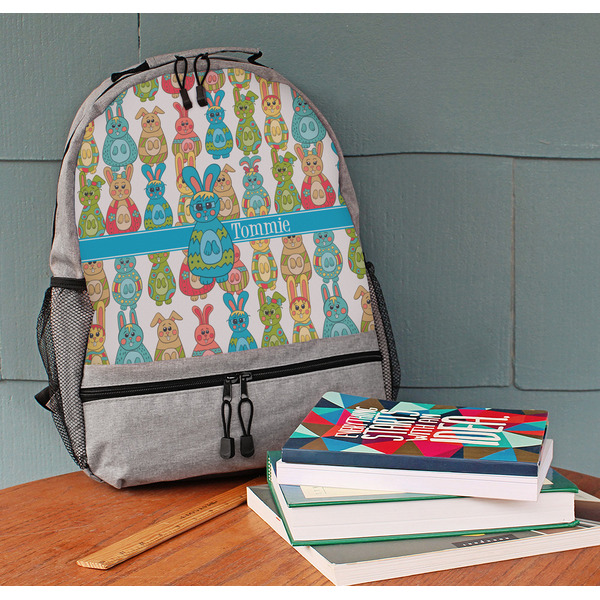 Fun Easter Bunnies Large Backpack - Gray - On Desk
