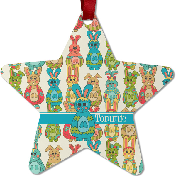 Custom Fun Easter Bunnies Metal Star Ornament - Double Sided w/ Name or Text